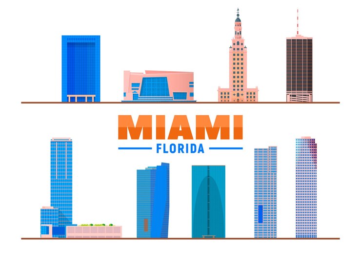 Vector miami florida landmarks in white background vector illustration business travel and tourism concept with modern buildings image for banner or web site