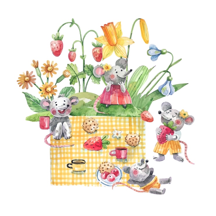 Vector mice on a spring picnic in the flowers of daffodils bluebells and strawberries watercolor illustrat