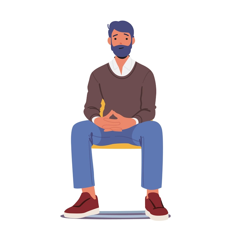 Vector middleaged businessman male character sitting on chair with hands resting in his lap isolated on white background