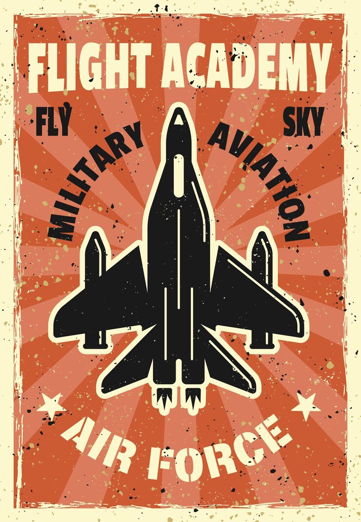 Vector military aviation flight academy vintage poster layered vector illustration with fighter aircraft headline sample text and grunge textures