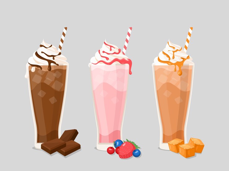 Vector milk cocktail set. tasty drinks with whipped cream and ice cubesflavors collection.