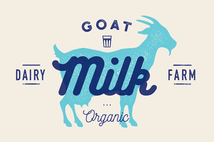 Vector milk, goat. logo with goat silhouette, text milk, dairy farm, organic, natural product.