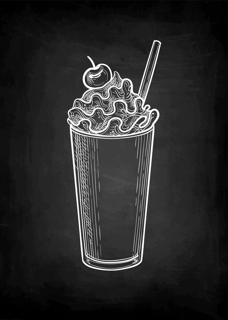 Vector milkshake with whipped cream and cherry. chalk sketch on blackboard background.