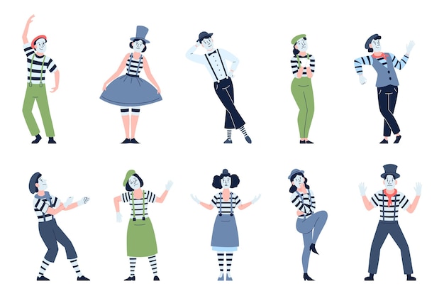 Mimes characters French street theater artists Performance and pantomime comedian actors Mime with facial mask isolated recent vector flat set