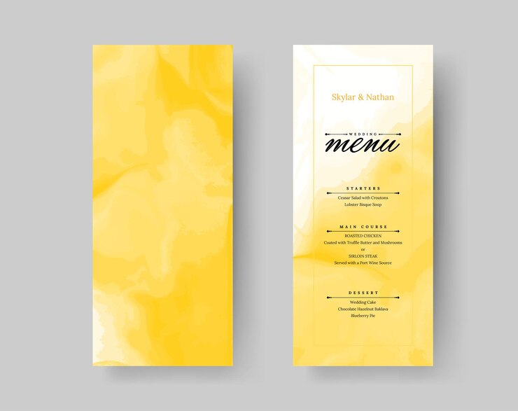 Vector minimal yellow watercolor wedding menu card template