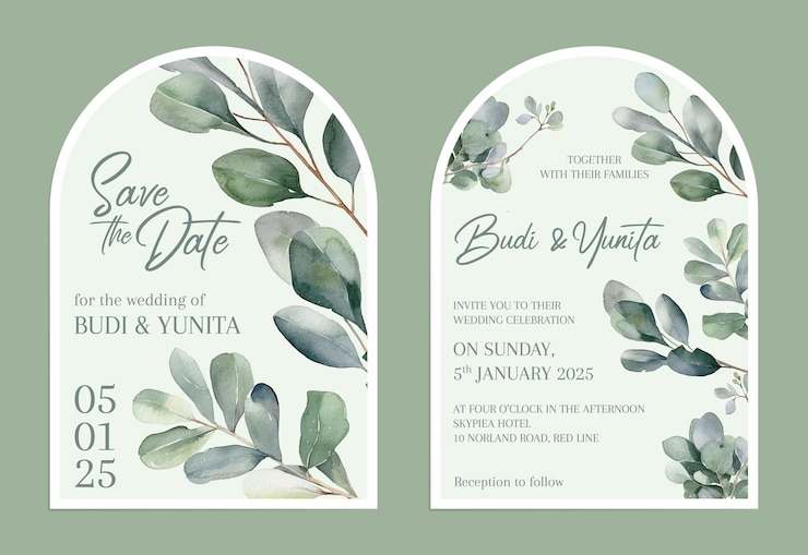 Vector minimalist wedding invitation card template set with modern style and floral design