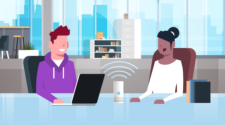 Vector mix race people sitting at workplace desk man woman using intelligent smart speaker with voice recognition artificial intelligence assistance modern office interior 