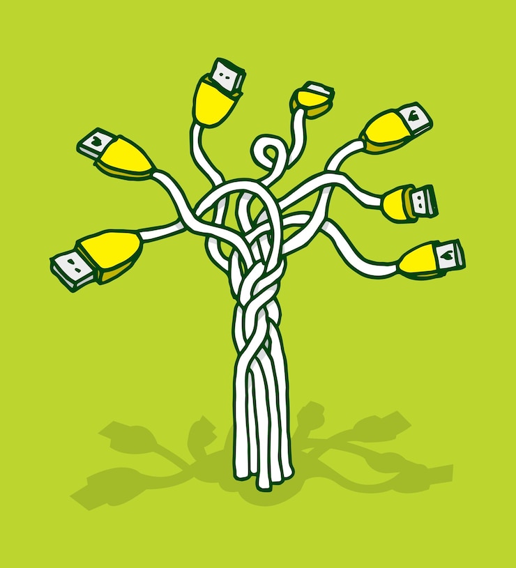 Vector mixed up technology of connected usb cables as a tree