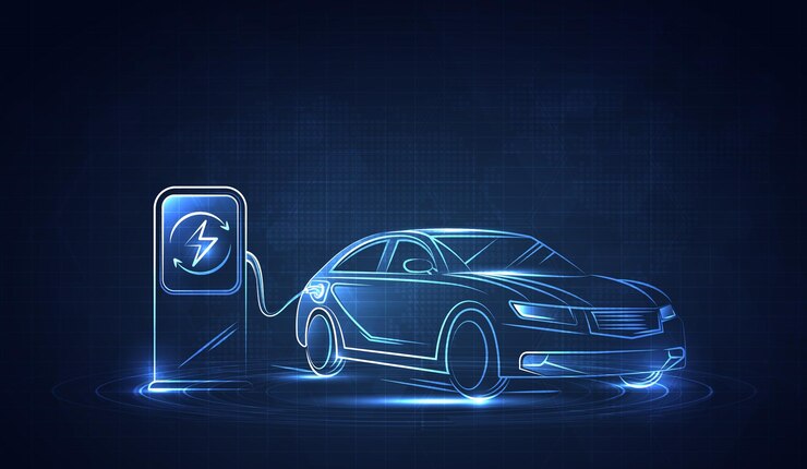 Vector mobil listrik ev terhubung ke stasiun pengisian daya dengan latar belakang biru energi ramah lingkungan pengisi daya ev energi alternatif baterai isi ulang industri otomotif vektor teknologi masa depan