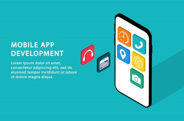 mobile app development. development user interface. isometric. modern web pages for web sites.