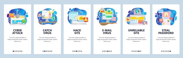 Mobile app onboarding screens cyber security virus attack hacker password protection phone lock