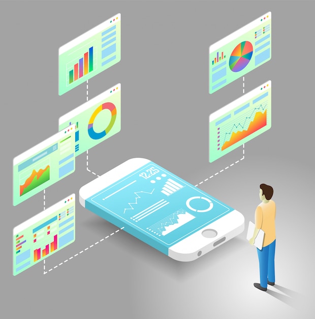 Mobile data analytics vector isometric flowchart
