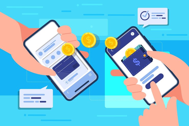 Vector mobile money transfer with hand holding mobile phone online internet banking all around the world