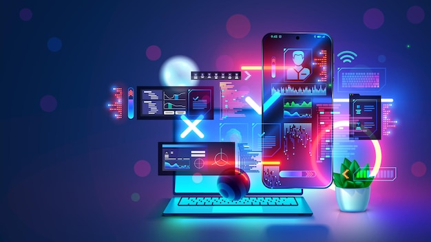 Mobile phone app software development concept Design interface of mobile devices application Layout elements mobile design in air around hanging phone developer laptop Programming phone app