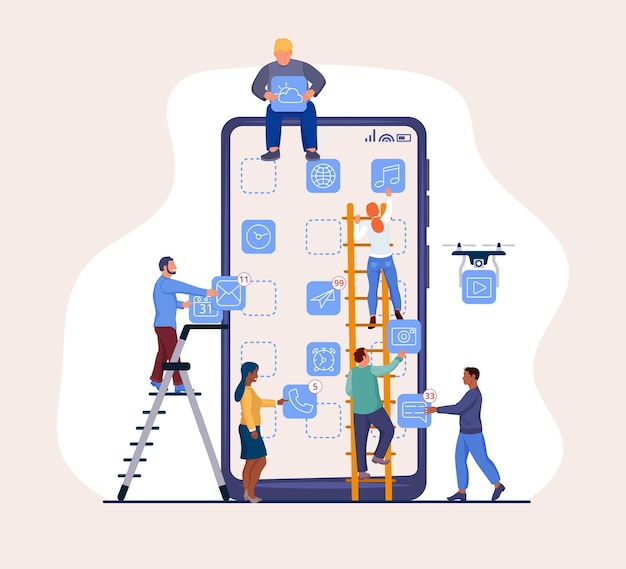 mobile phone app user interface gadget software development. developer, designer and programmer people team with drone cooperation create interactive smartphone ui vector illustration