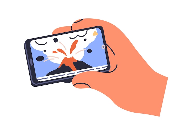 Vector mobile phone in hand watching online video watch disaster movie on smartphone screen horizontal cellphone display holding cell telephone flat vector illustration isolated on white background
