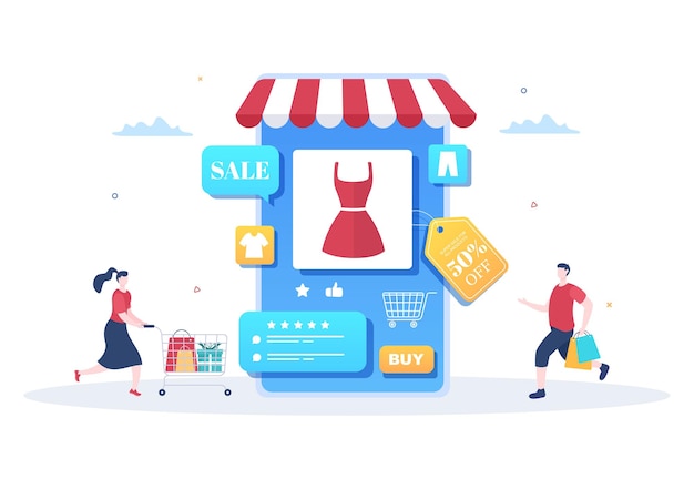 mobile store or shopping online in application vector illustration. digital marketing promotion, payment and purchase via credit card for poster