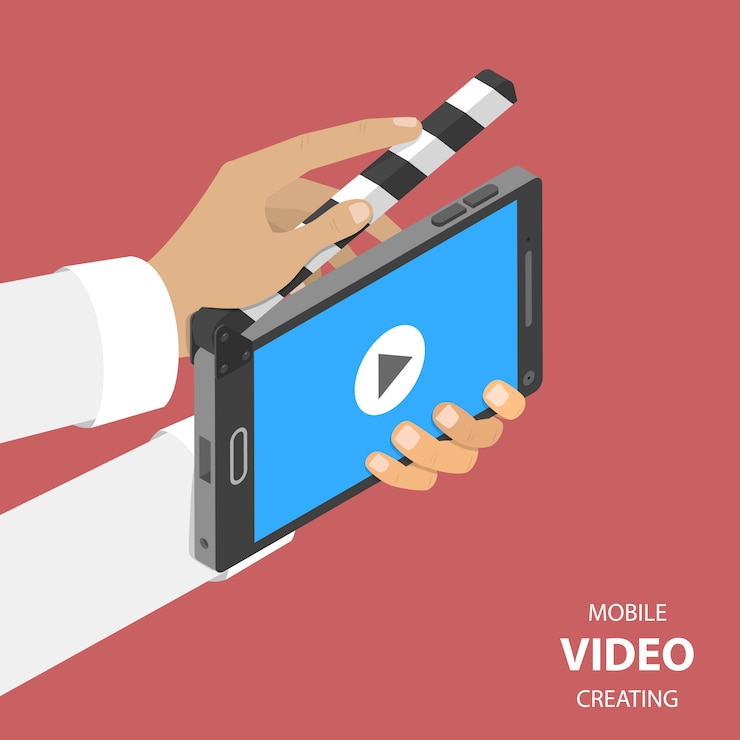Vector mobile video creating flat isometric  .