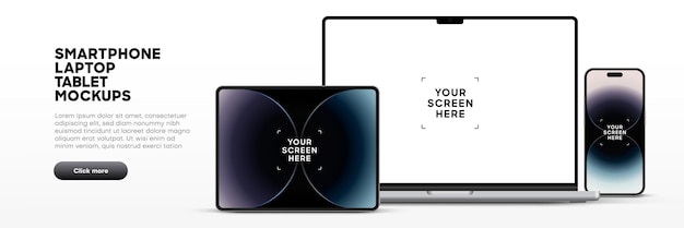 Mockup 3D laptop, smartphone, dan tablet modern berkualitas tinggi untuk presentasi dengan latar belakang terisolasi