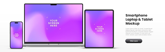 Mockup 3D laptop, smartphone, dan tablet modern berkualitas tinggi untuk presentasi dengan latar belakang terisolasi