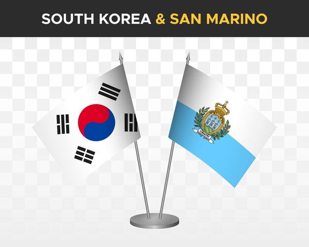 Mockup bendera meja Korea Selatan vs San Marino terisolasi ilustrasi vektor 3d bendera meja
