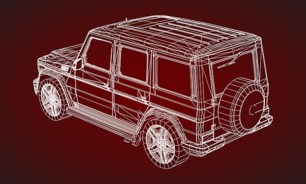 Model SUV bingkai premium dengan desain klasik. Ilustrasi vektor dari kisi segitiga poligonal putih pada latar belakang merah.
