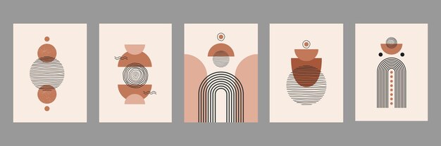 Modern abstract set aesthetic illustrations with geometric balance shapes and lines. Wall decor in boho style