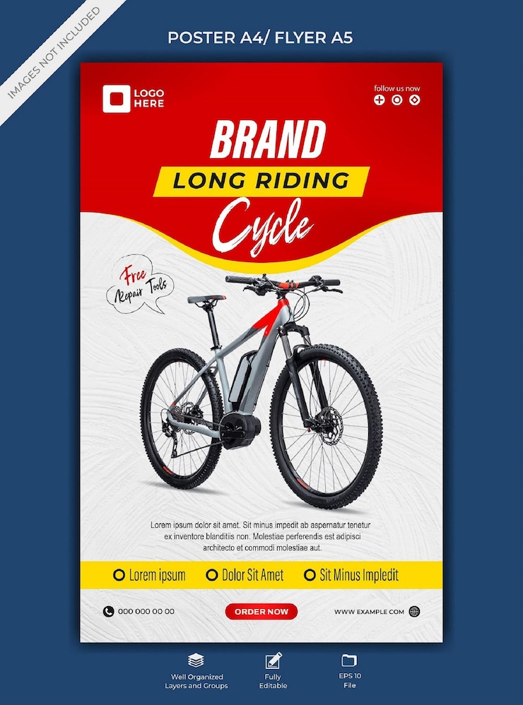 Vector modern bicycle promotion banner with free repair tools offer and editable cycling poster template