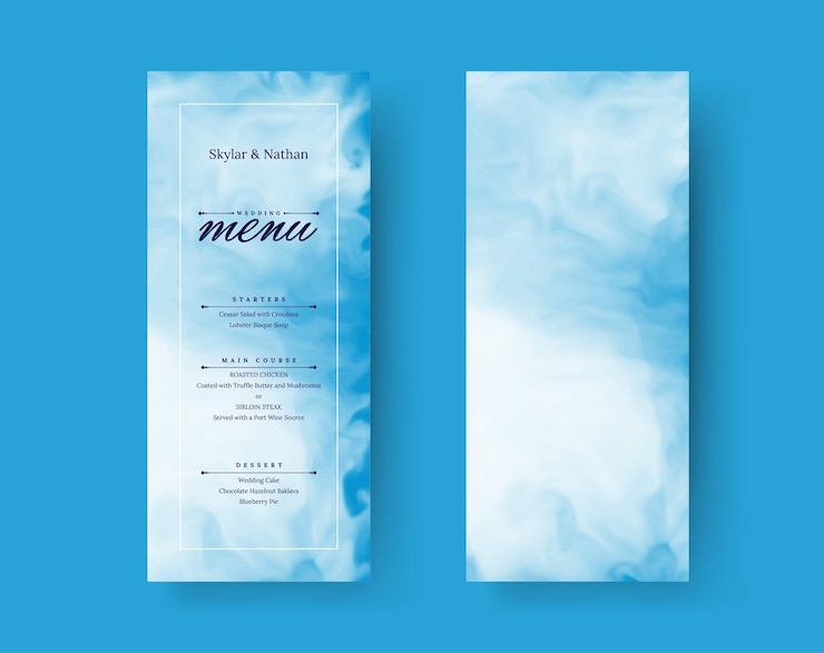 Vector modern blue watercolor wedding menu card template