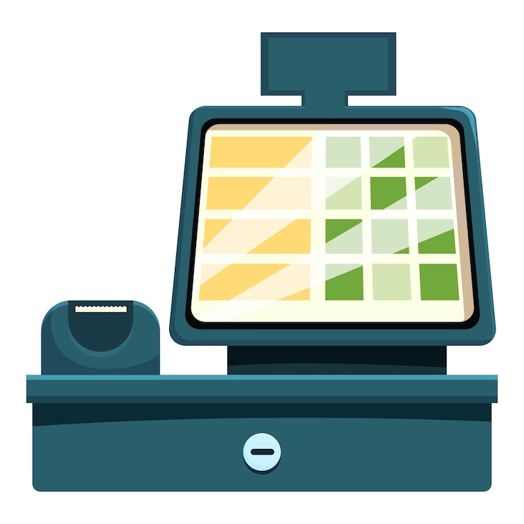 Vector modern cash register standing on countertop in supermarket
