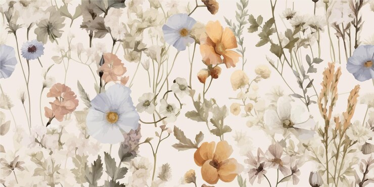 Modern contemporary Seamless pattern with ethereal wildflowers leaves vintage dry pressed wild