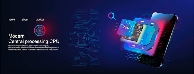 Modern CPU illustration Computer processor Futuristic microprocessor with mobile phone New generation digital chip with HUD elements Advanced internet technologies