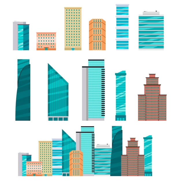 Modern facades of skyscrapers and commercial buildings set. illustrations of houses and condo complexes