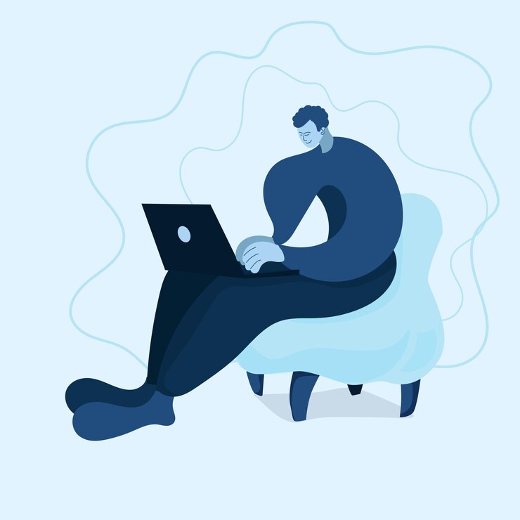 Vector modern flat illustration of a man working on a laptop while sitting in a chair