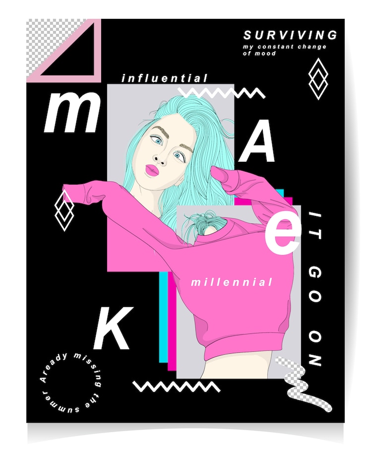 Vector modern girl illustration with dadaism style, millennial girl