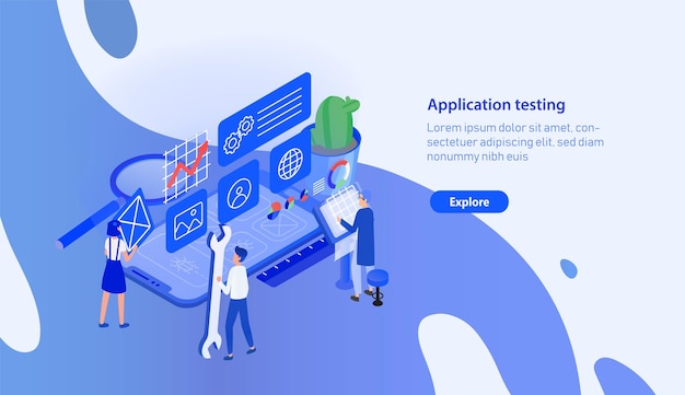 Modern horizontal banner template with giant smartphone and tiny people working around. Mobile application testing, finding errors in software, quality check. Colorful isometric vector illustration.