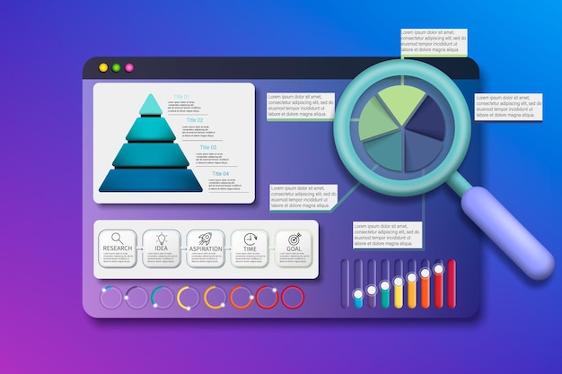 Modern infographic panel with analytics visualization magnifying glass segmented pie chart process timeline and interactive bars Marketing data visualization UI