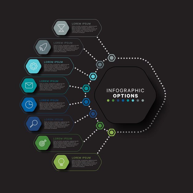 Modern infographic template concept with hexagonal realistic elements in flat colors on a black