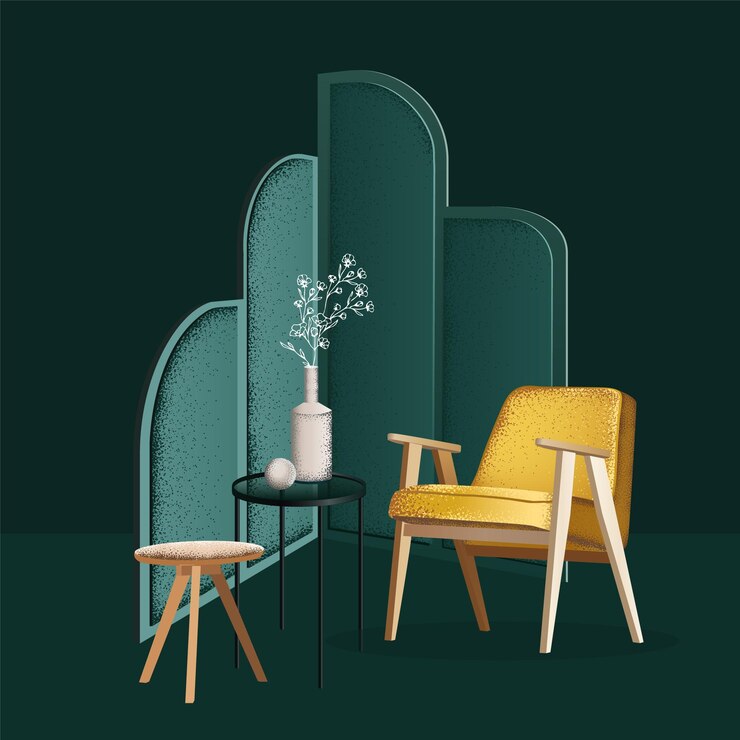 Modern interior design plants and table on Green wall background Grain Effect vector illustration