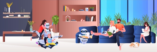 modern robot nanny spending time with children robotic waiter serving food to parens artificial intelligence technology concept living room interior full length horizontal vector illustration