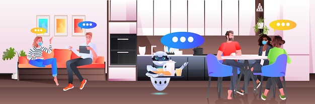 Modern robot waiter serving food to businesspeople in office artificial intelligence technology concept