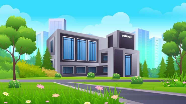 Vector modern school on the side of the street with green lawn, bush and trees vector illustration