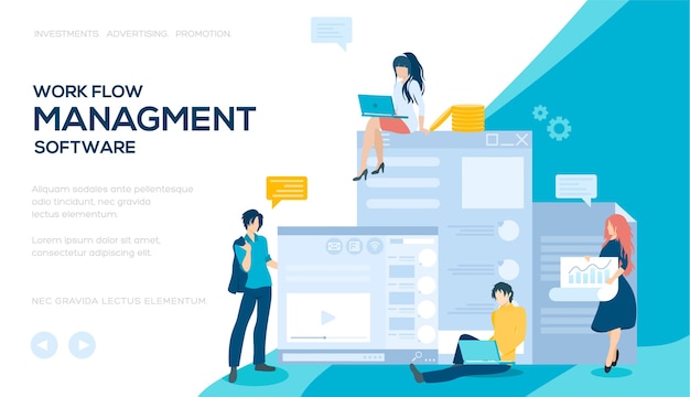 Modern slider site page. Work flow managment software concept. Data management software banner.