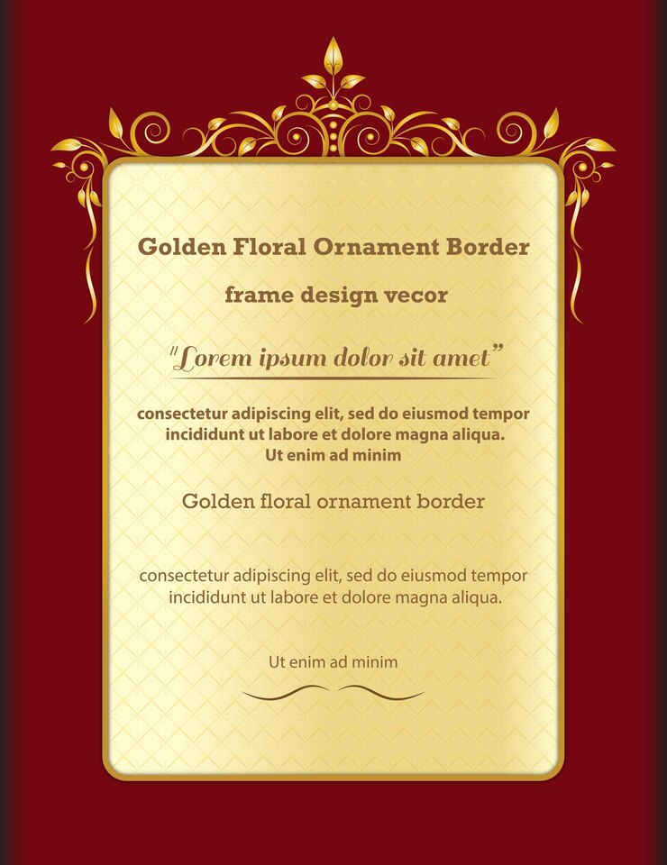 Vector modern style golden ornamental border frame card design vector on solid dark red background