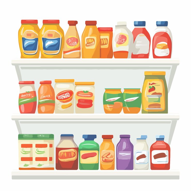 Vector modern supermarket shelf with various products vector illustration