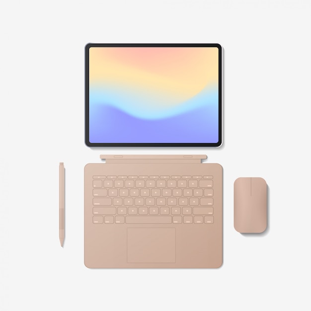 modern tablet computer with keyboard mouse pen and colored screen isolated
