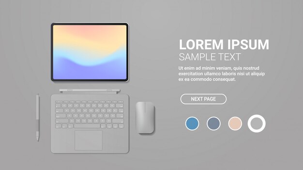 modern tablet computer with keyboard mouse pen and colored screen