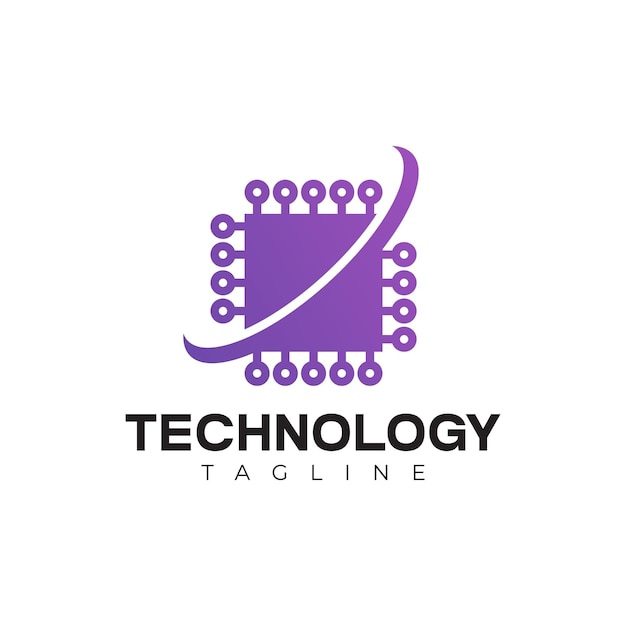 Modern Technology Logo Purple Microchip Design and Digital Circuit Concept Vector Design