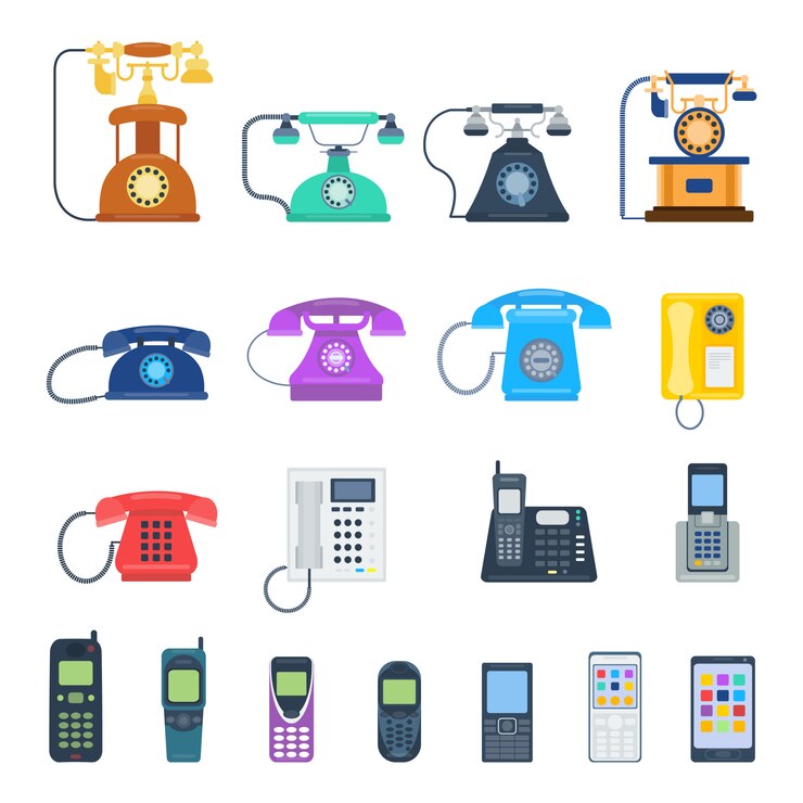 Vector modern telephones and vintage telephones isolated. classic telephones technology support symbol, retro telephones mobile equipment.
