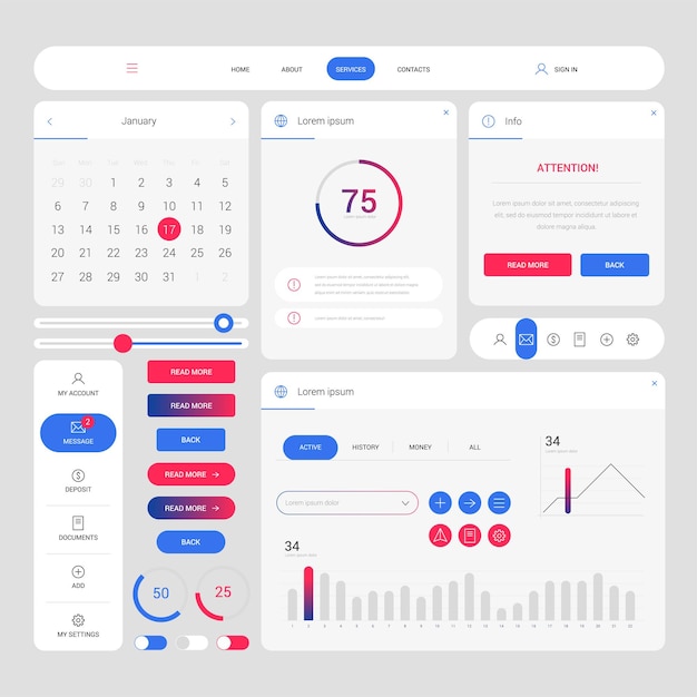 modern web design elements frame template with blue and crimson colors on light background